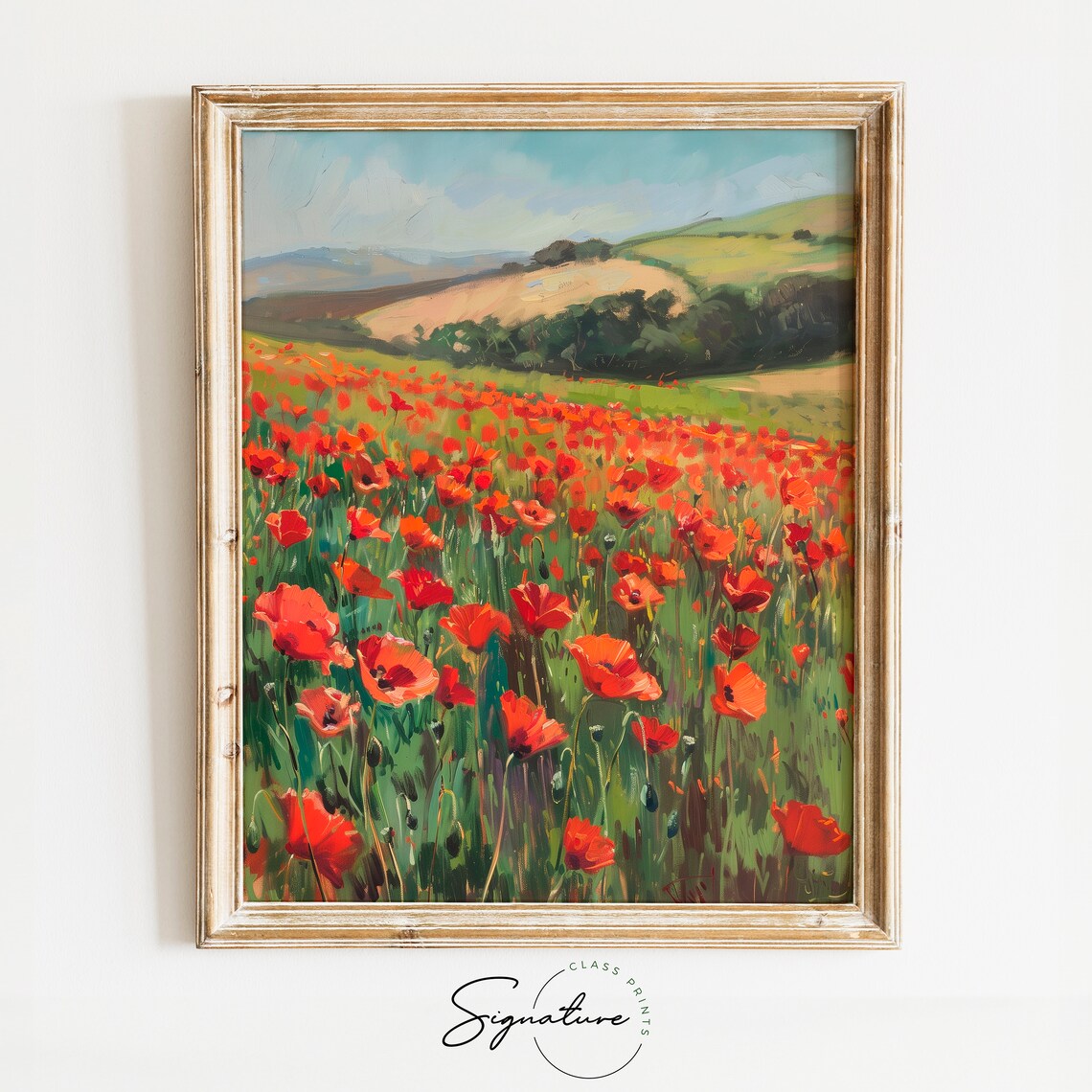 Vibrant Red Poppy Field Rolling Hills Summer Countryside Oil Painting Poster