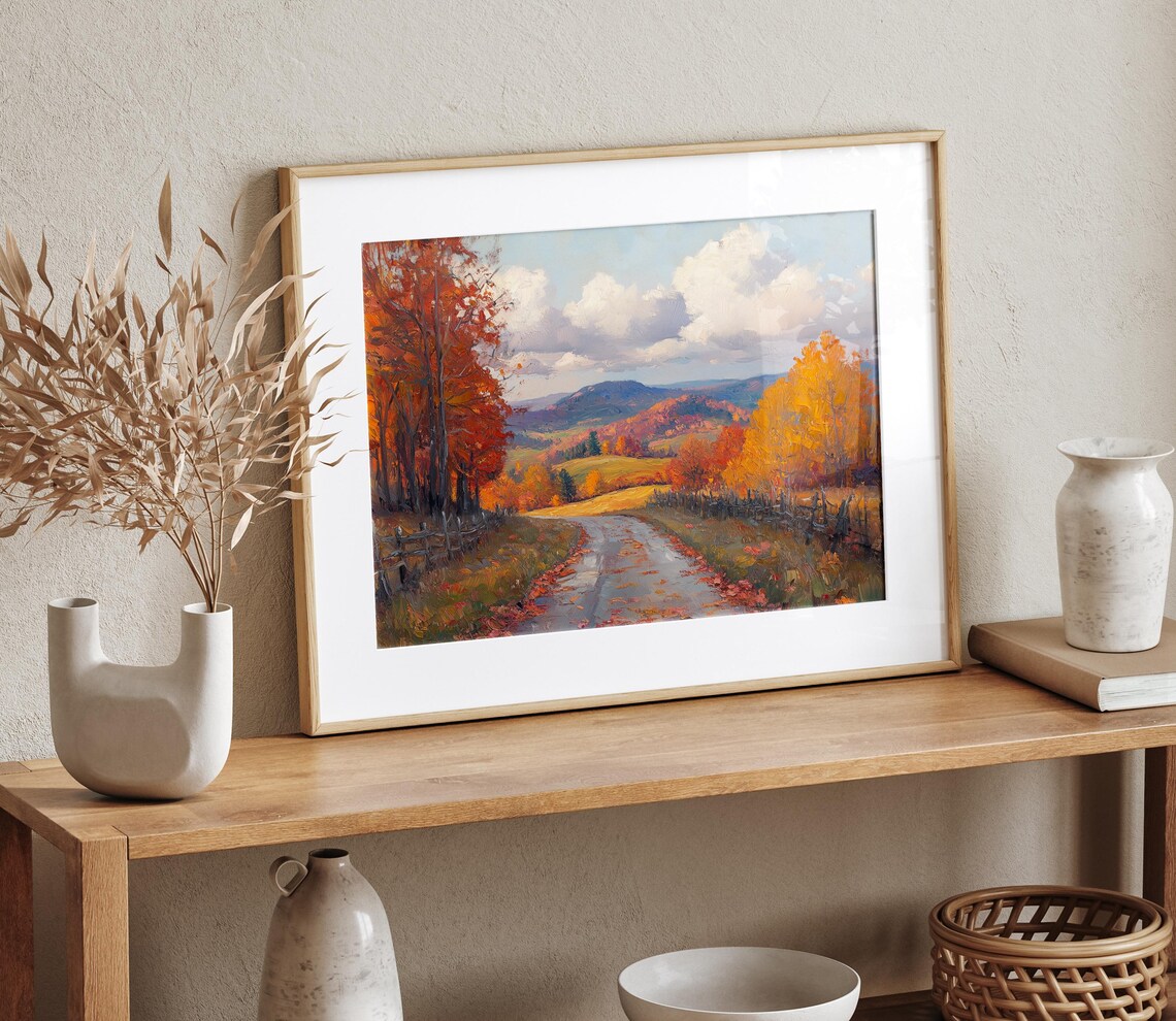 Autumn Lane Red Maples Fallen Leaves Rustic Fences Valley View Poster - Image 4