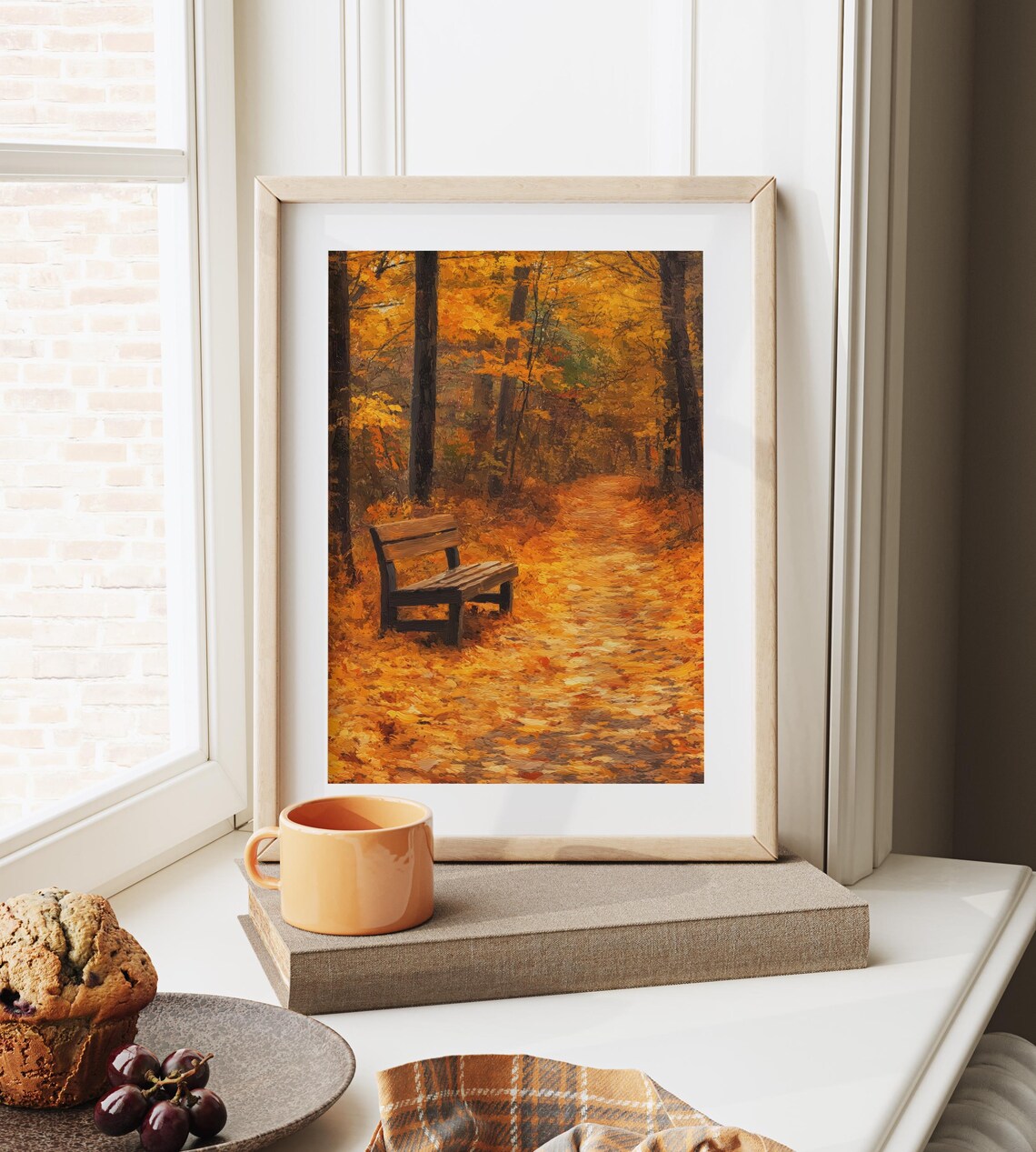 Wooden Bench on a Quiet Autumn Forest Trail Covered in Leaves Poster - Image 6