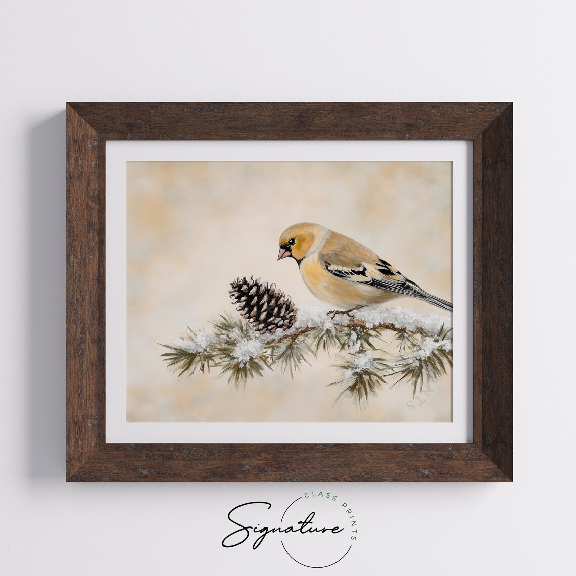 American Goldfinch Beside Pinecone on Snowy Branch Bird Poster - Image 4