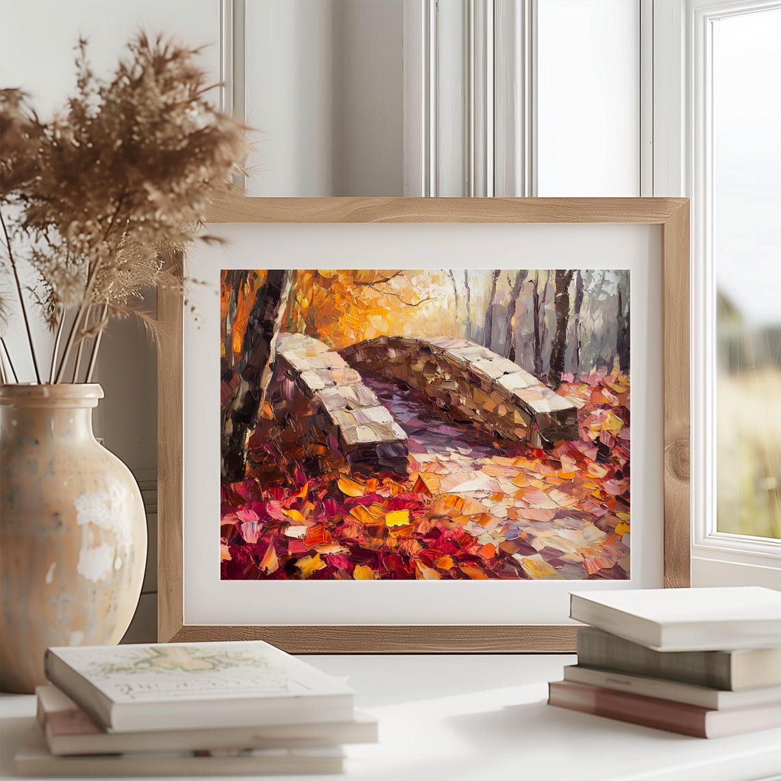 Arched Stone Bridge In Autumn Forest With Fallen Leaves Poster - Image 2