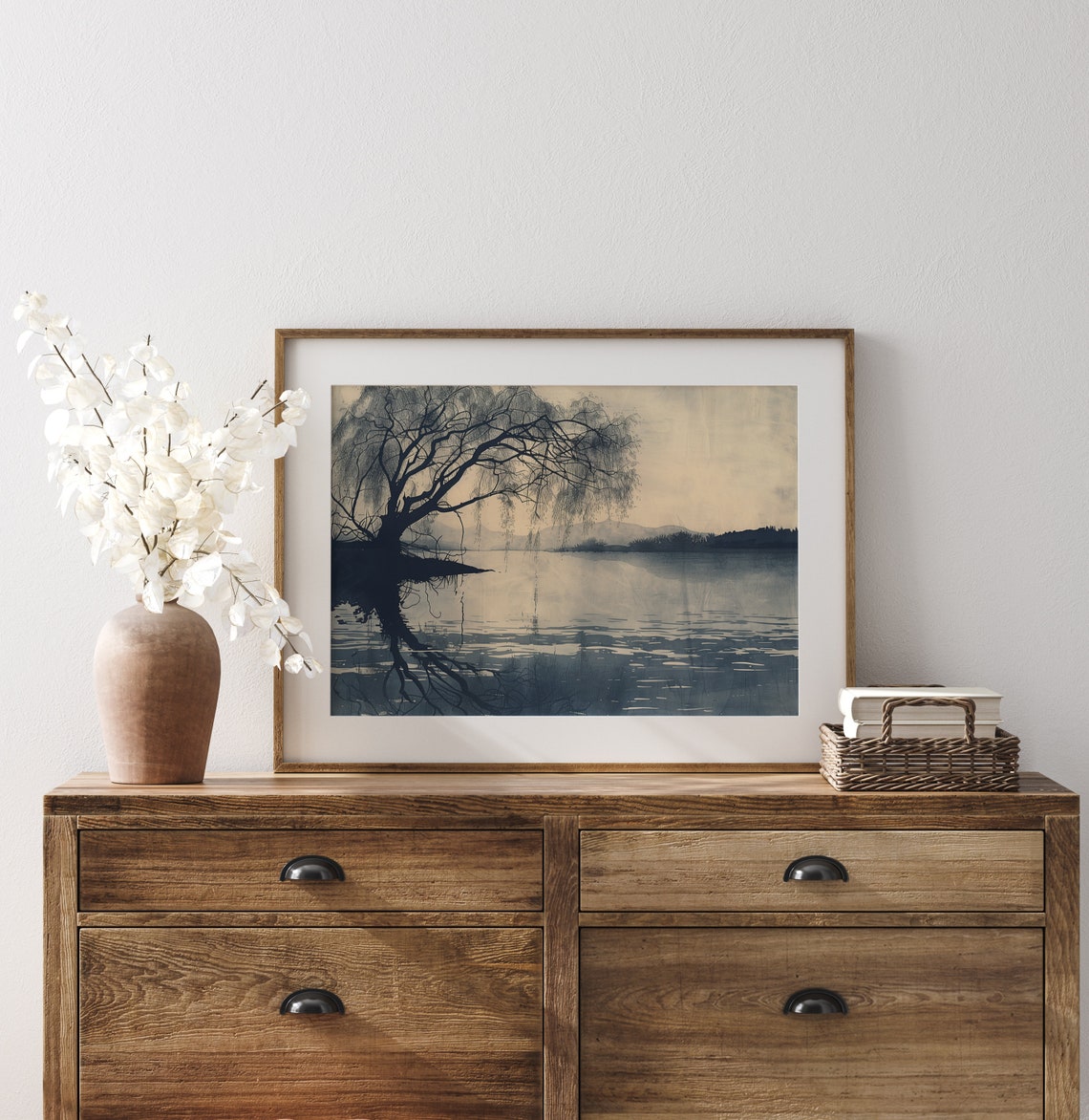 Willow Tree Over Calm Lake in Blue Grey Tones Vintage Art Poster - Image 3
