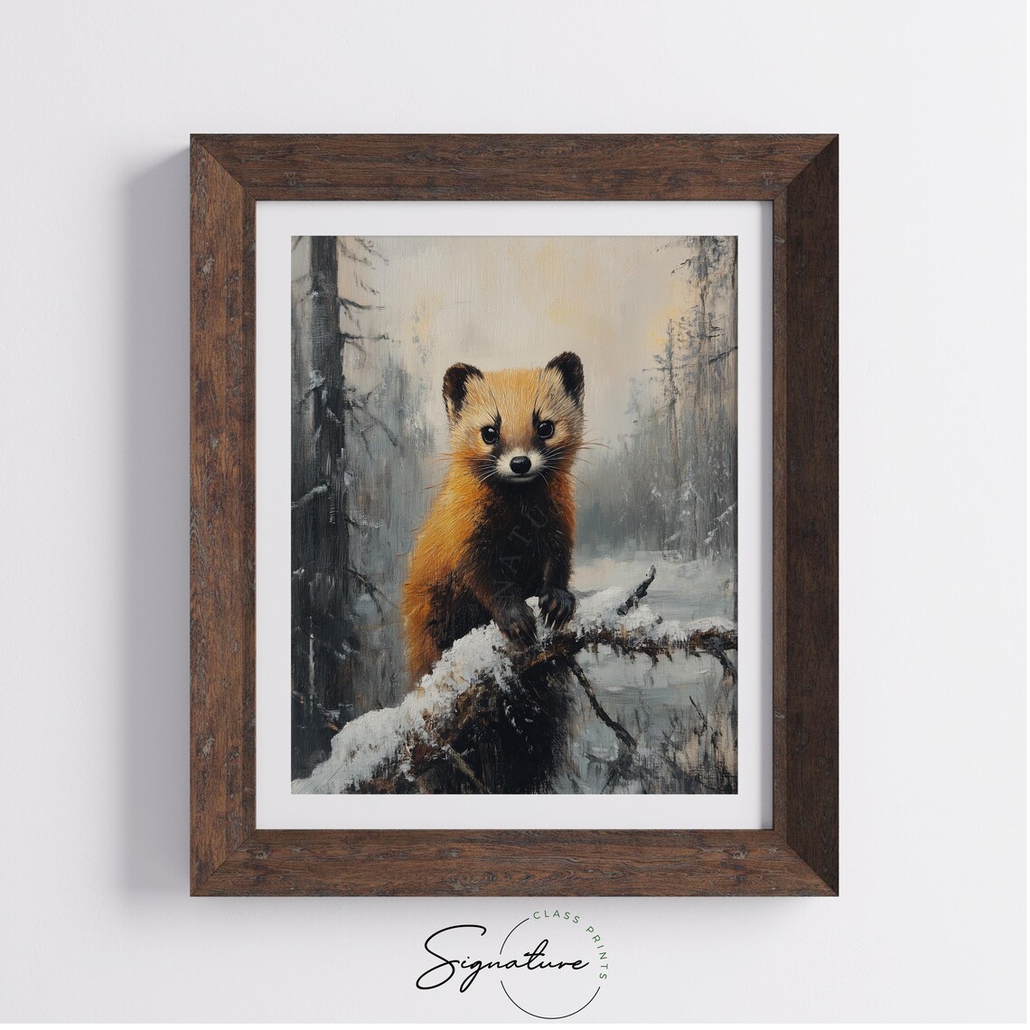 Pine Marten on Snowy Branch Winter Forest Wildlife Oil Painting Print - Image 3