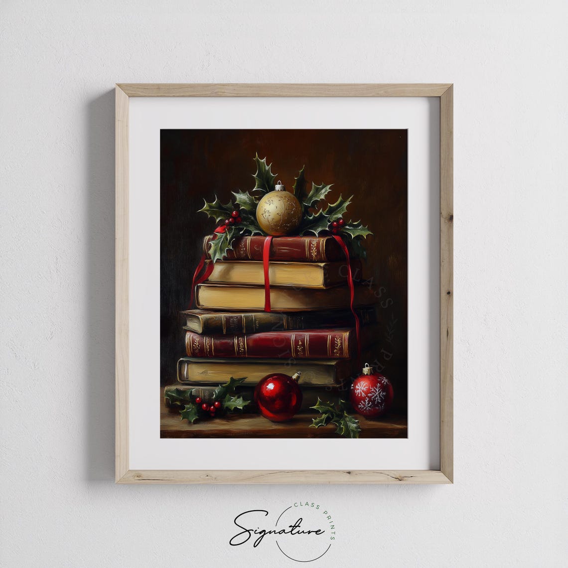 Stack of Vintage Books with Holly and Ornaments Christmas Print - Image 2