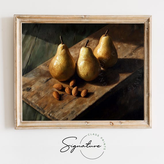 Golden Pears With Pecans On Rustic Board Vintage Farmhouse Christmas Still Life Moody Winter Kitchen Wall Art Print Holiday Decor 2735