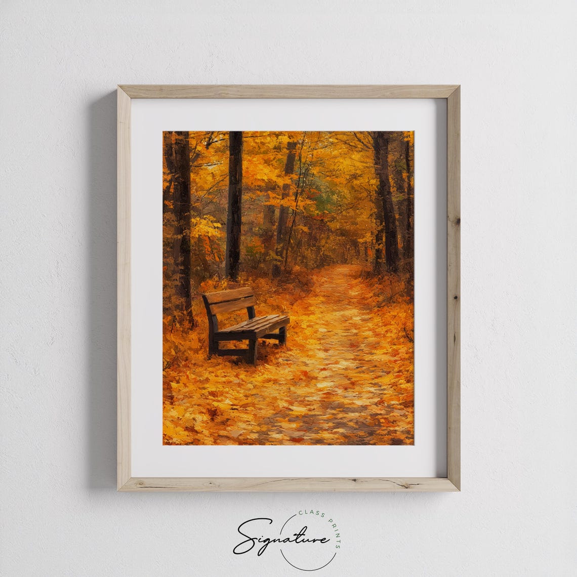 Wooden Bench on a Quiet Autumn Forest Trail Covered in Leaves Poster - Image 3