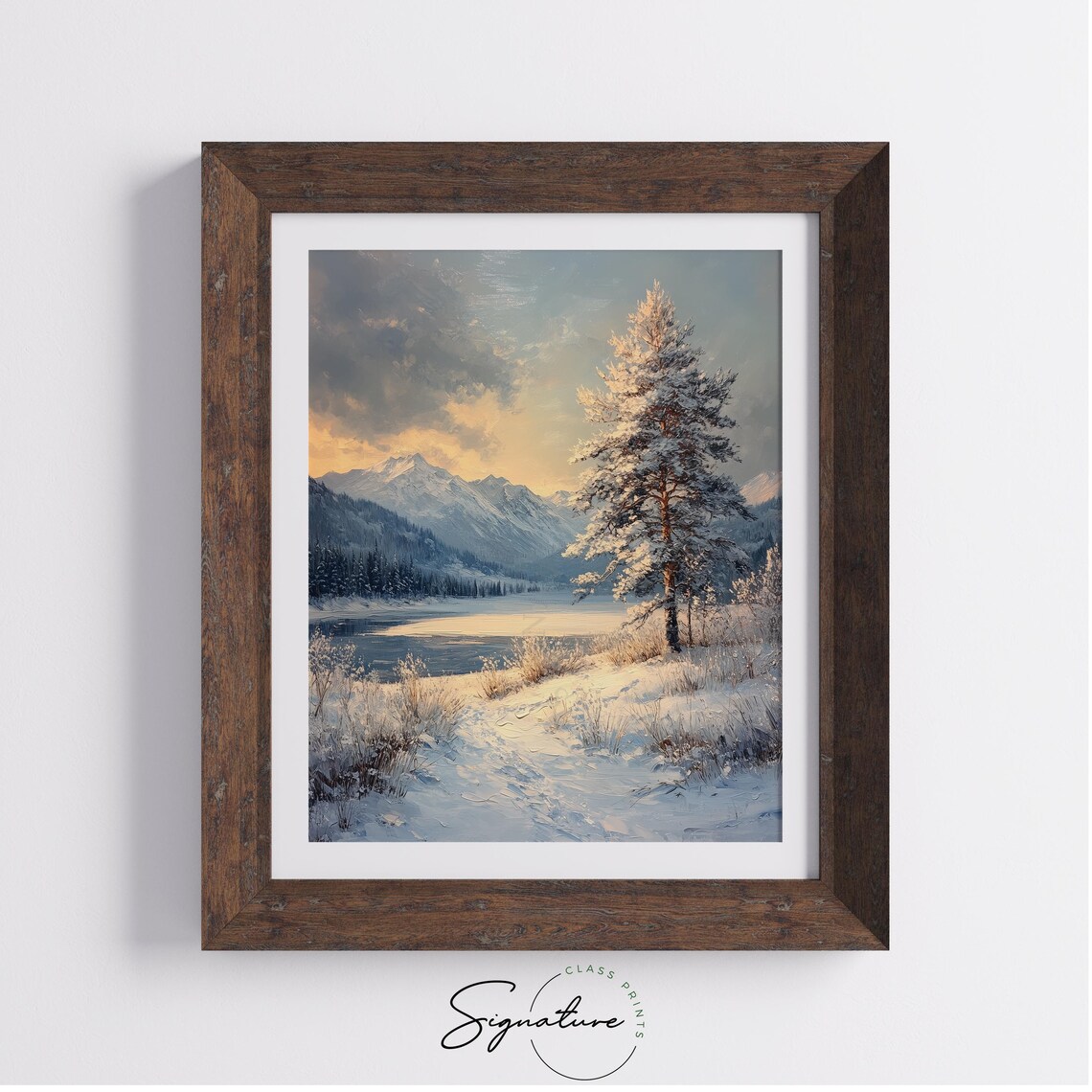 Snowy Pine By A Frozen Lake With Mountain Sunset Glow Poster - Image 3