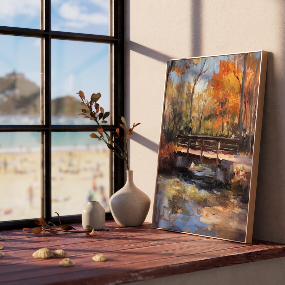 Rustic Wooden Footbridge Over a Stream in Fiery Autumn Woods Poster - Image 5