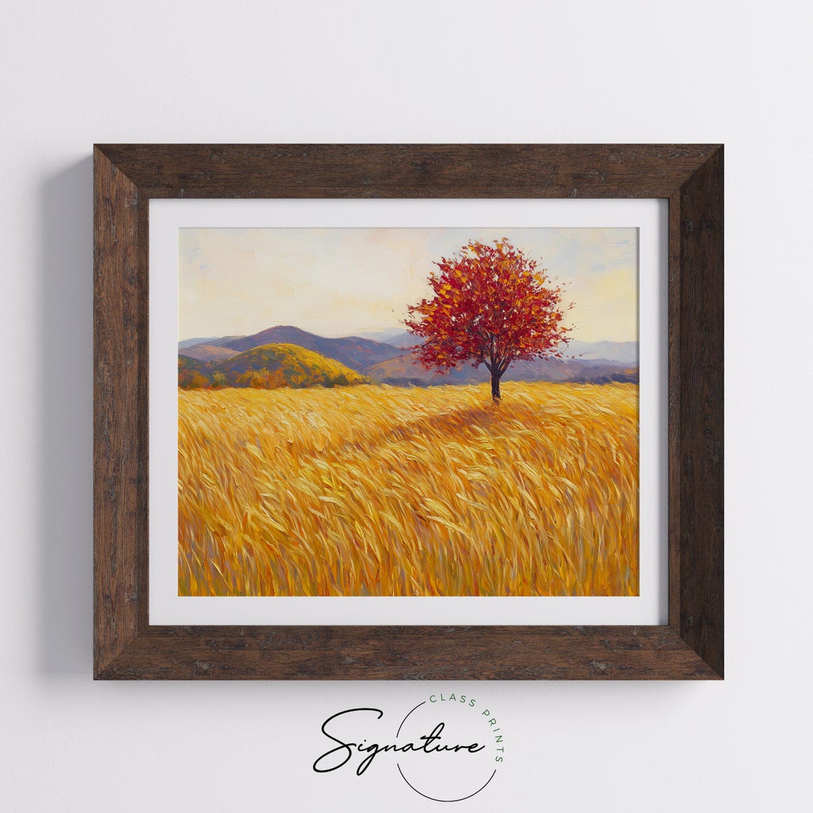 Lone Red Autumn Tree Golden Wheat Field Fall Landscape Painting Poster - Image 5