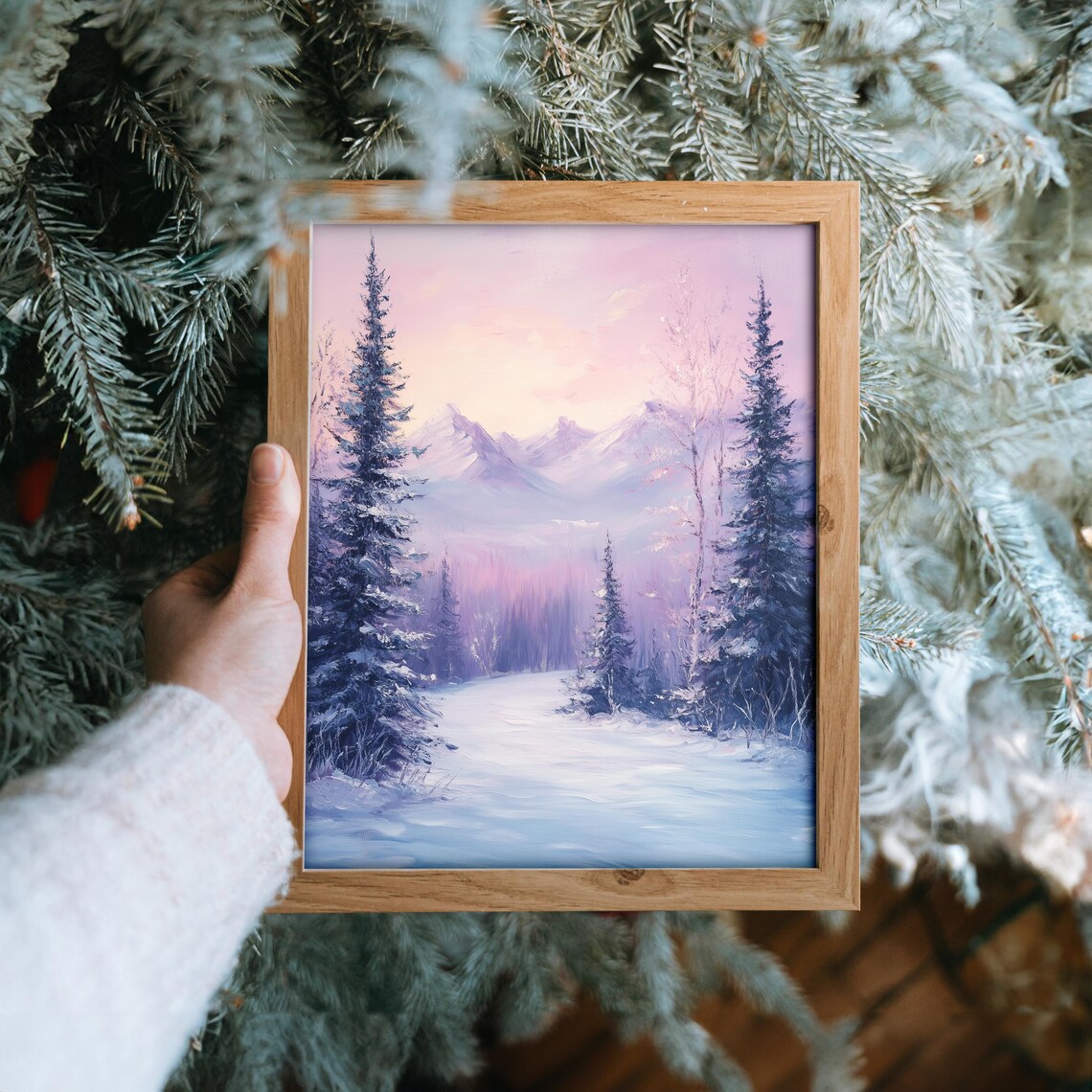 Pastel Pink Sunset Glow Snowy Pine Trail Mountains Oil Painting Poster - Image 6