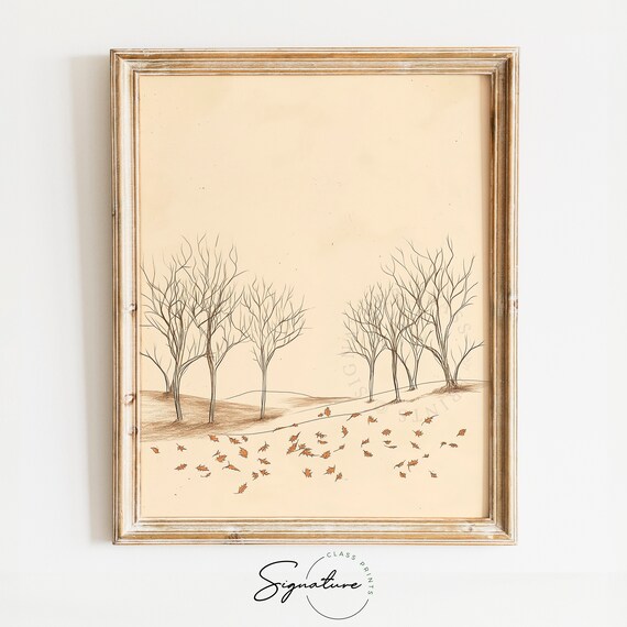 Bare Autumn Trees With Fallen Orange Leaves Monochrome Poster