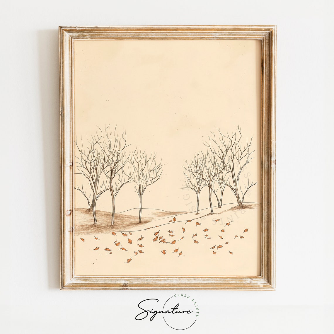 Bare Autumn Trees With Fallen Orange Leaves Monochrome Poster