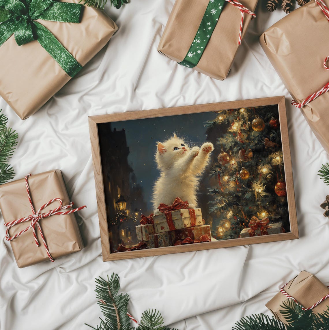 White Kitten Climbing Christmas Gifts Reaching for Baubles Poster - Image 2