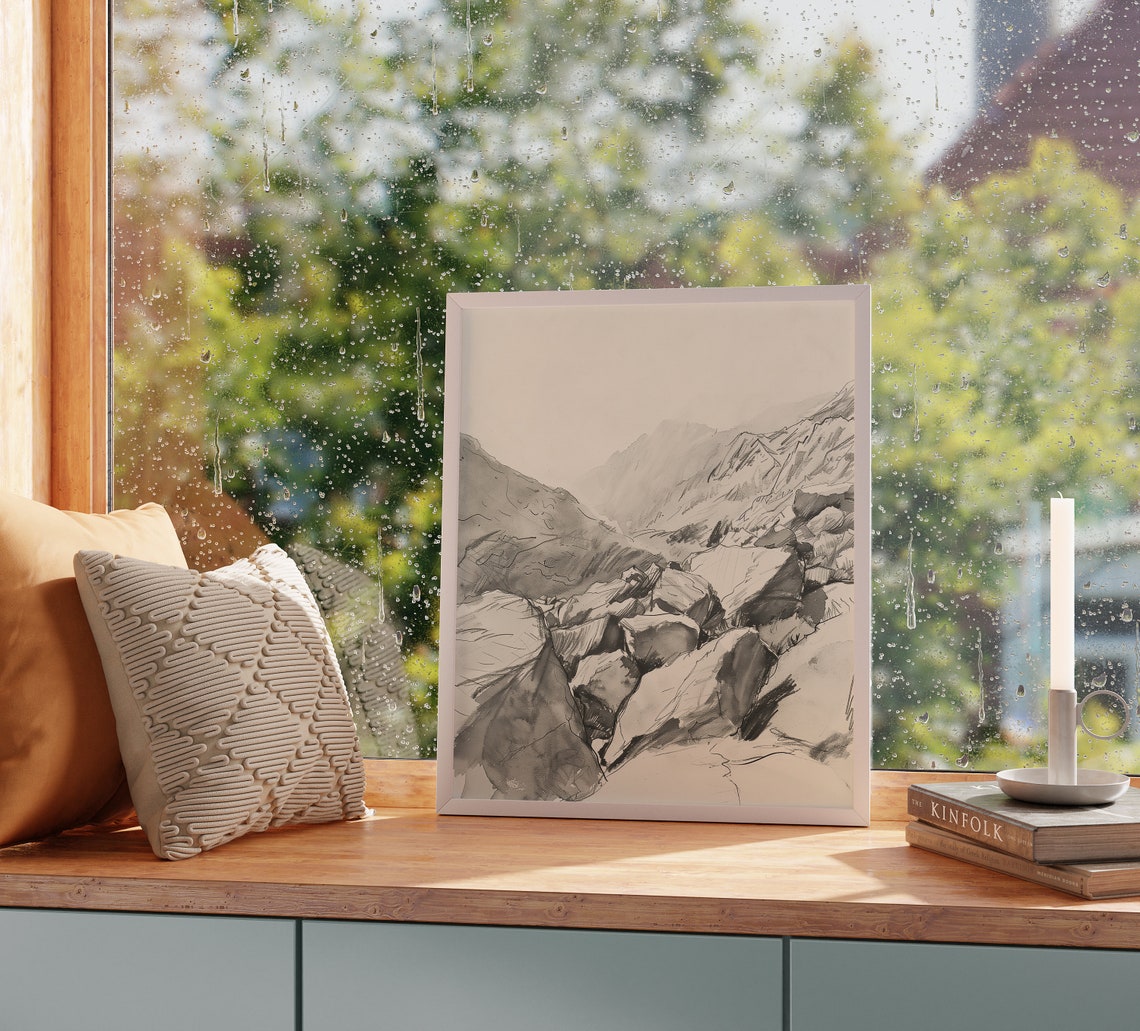 Rugged Mountain Pass With Boulders Charcoal Sketch Landscape Poster - Image 2