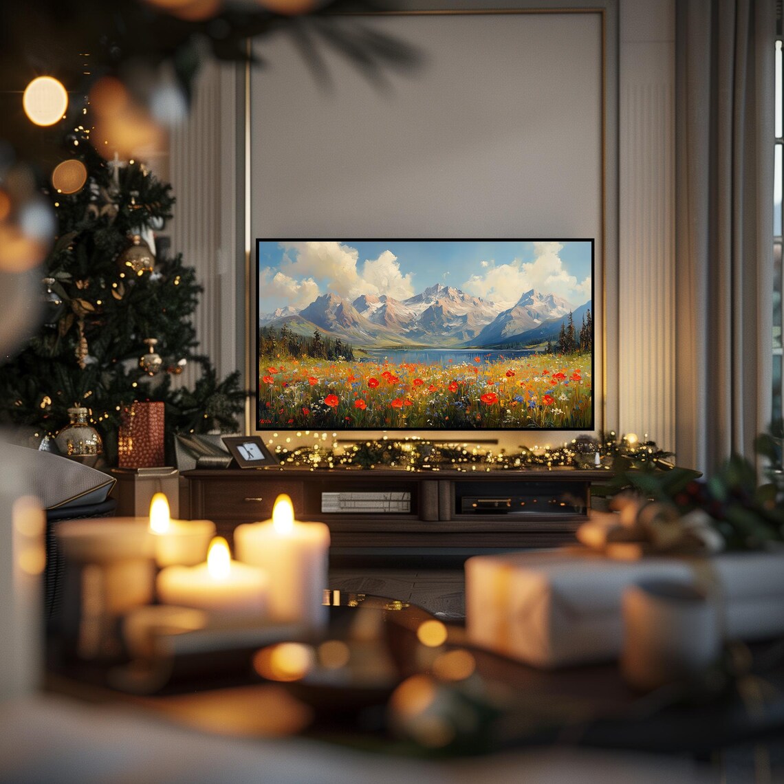 Alpine Lake Red Poppy Meadow Snow Peaks Colorful Landscape Wall Art - Image 3