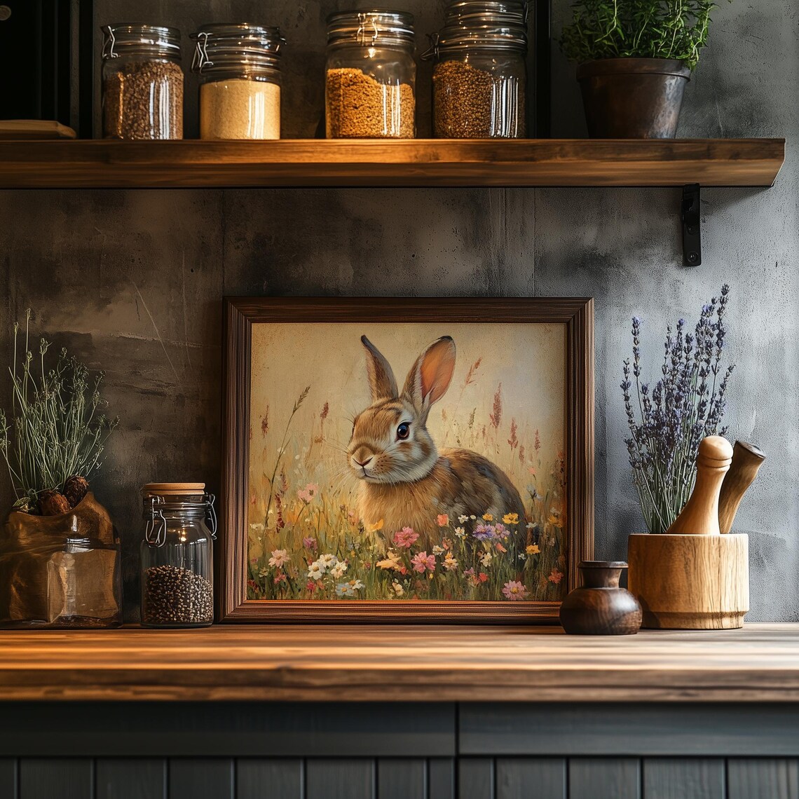 Brown Rabbit Sitting in Wildflowers Spring Meadow Bunny Art Poster - Image 2