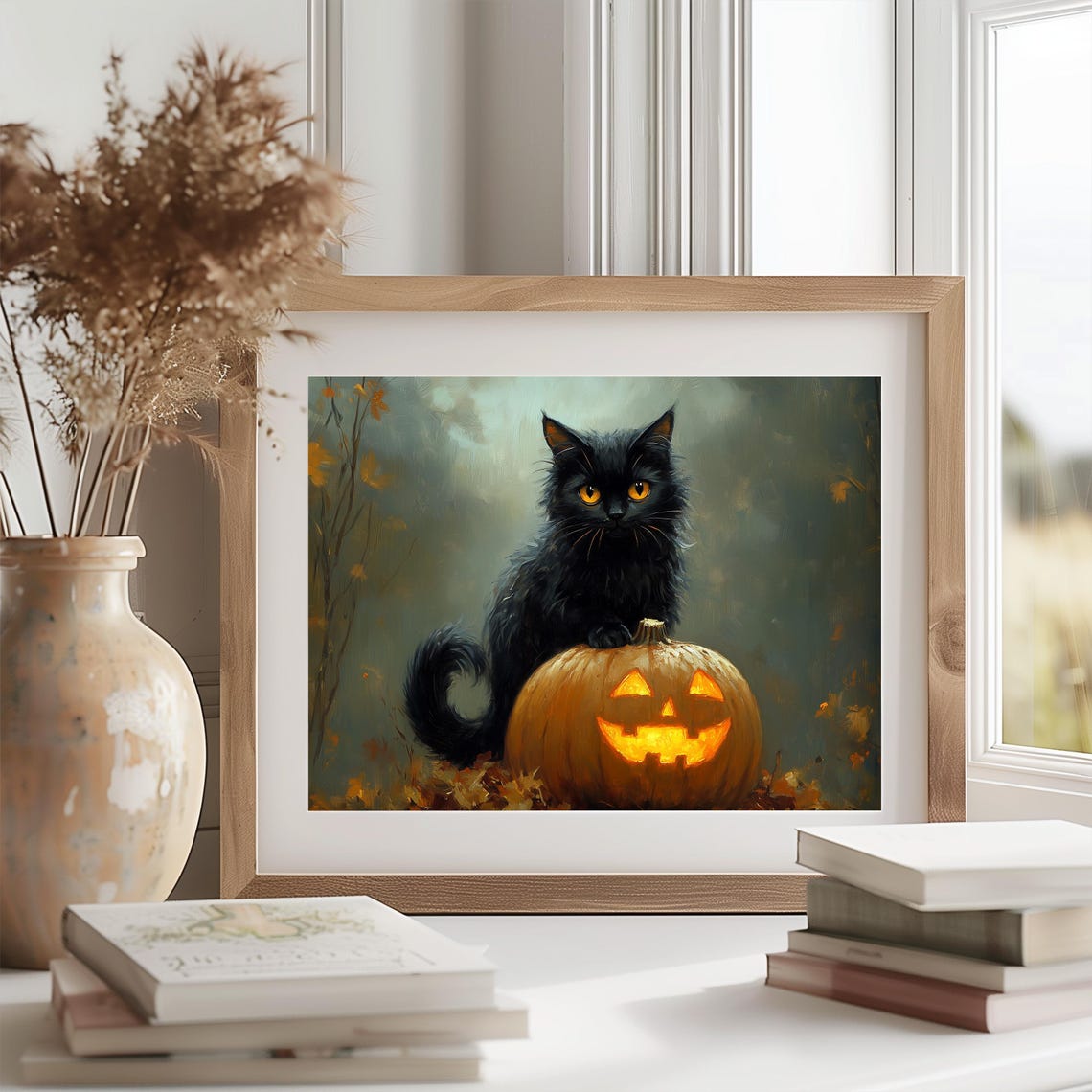 Black Cat With Glowing Amber Eyes Beside a Lit Jack O Lantern Poster - Image 2