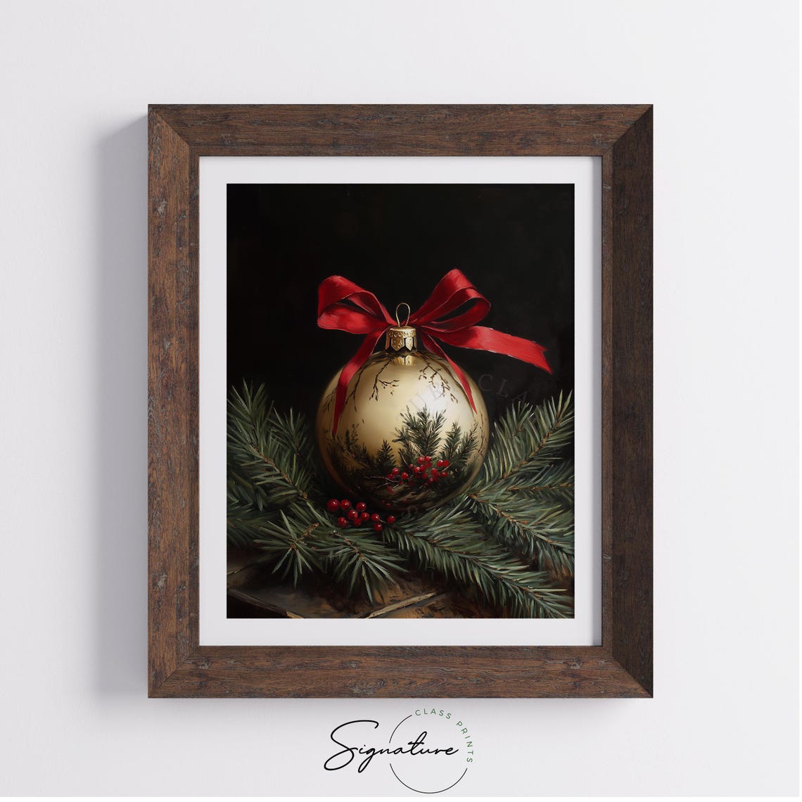 Gold Ornament With Red Bow Painted Pine And Berries Holiday Poster - Image 2