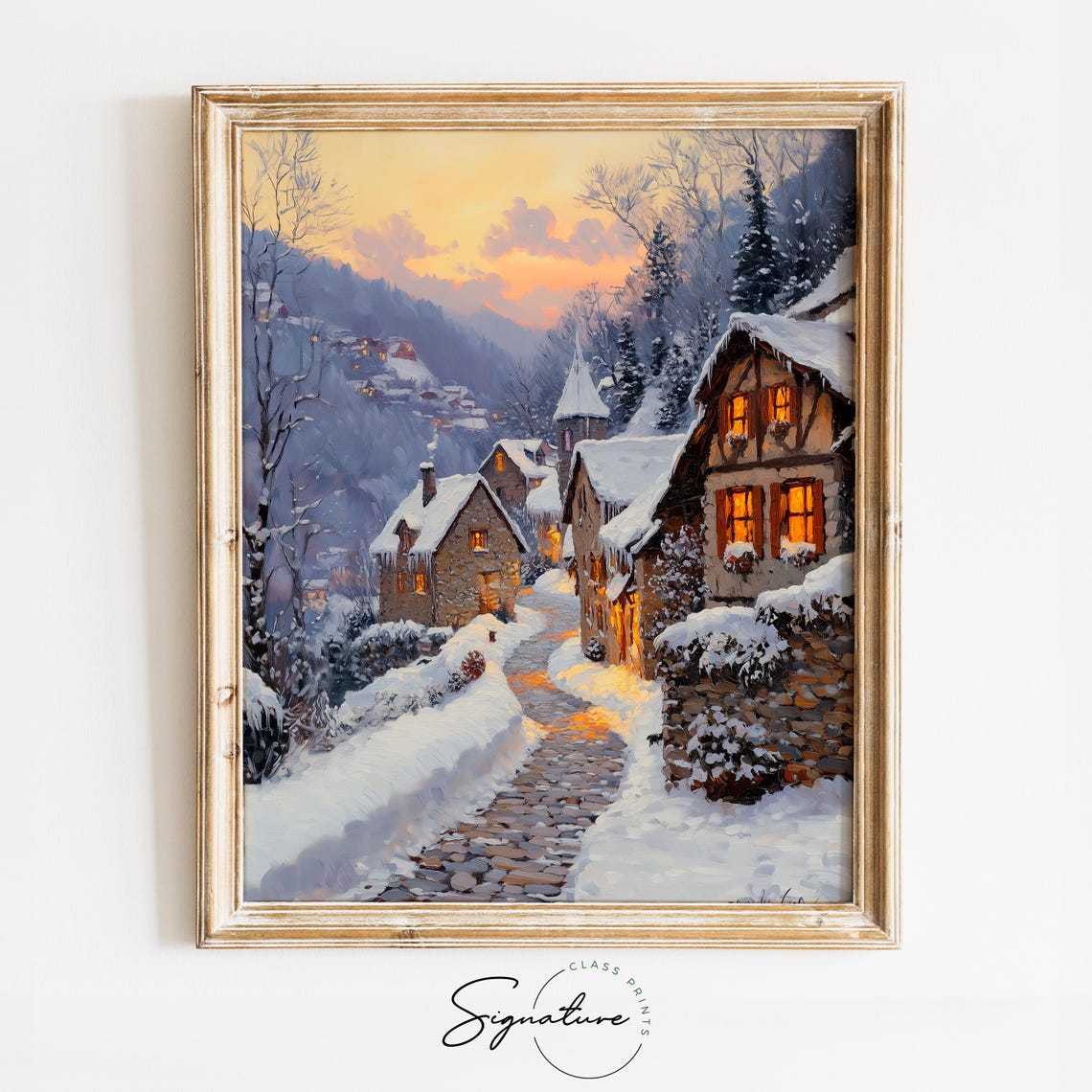Alpine Winter Village at Dusk Snowy Cobblestone Street Poster