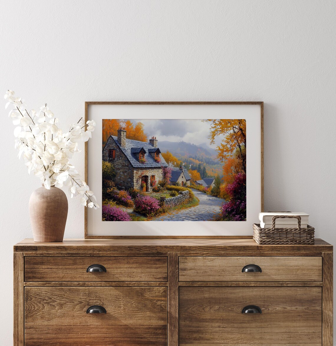 Ivy Covered Stone Cottage Autumn Village Lane Rustic Fall Wall Art - Image 3