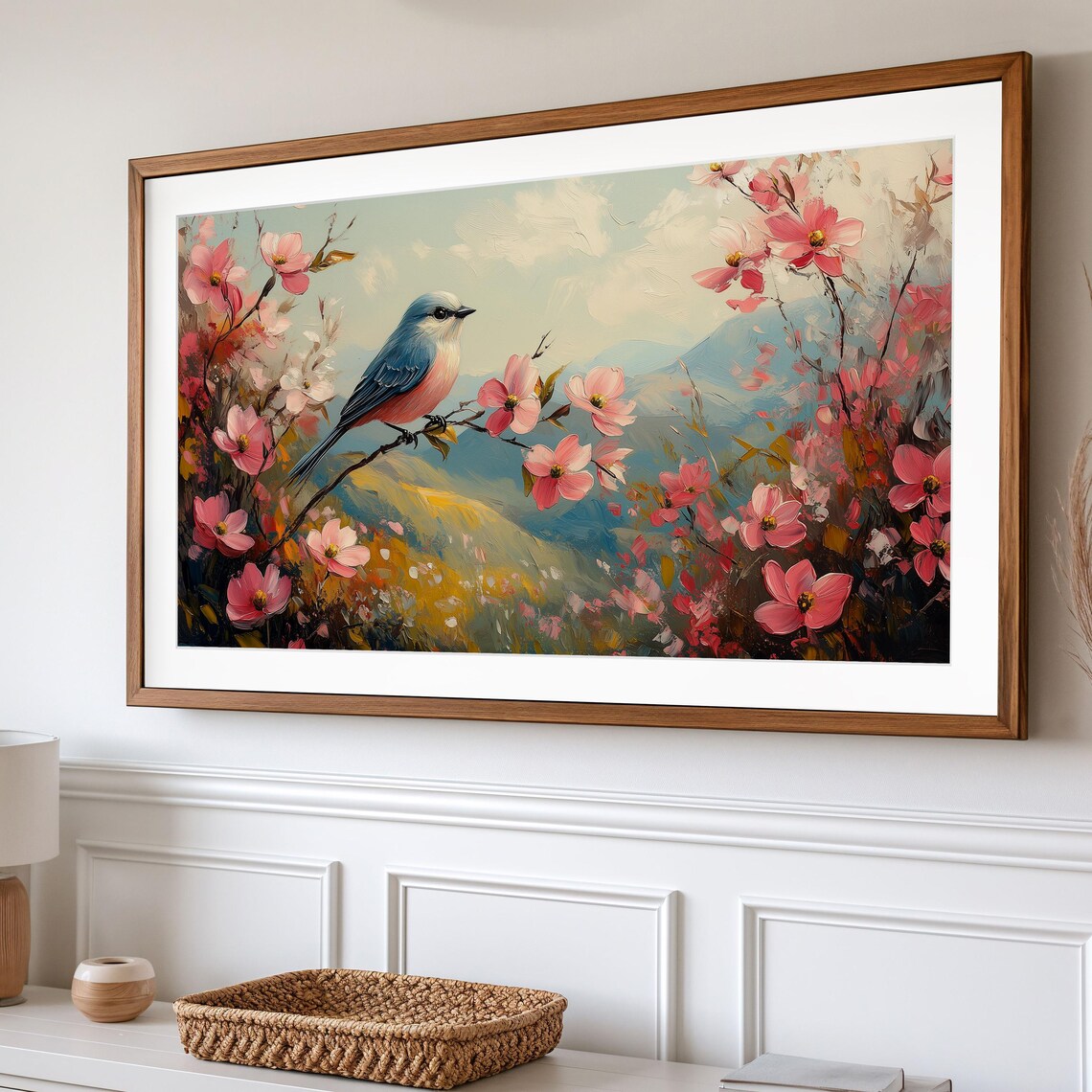 Bluebird On Pink Cherry Blossom Branch Above Golden Hills Poster - Image 2