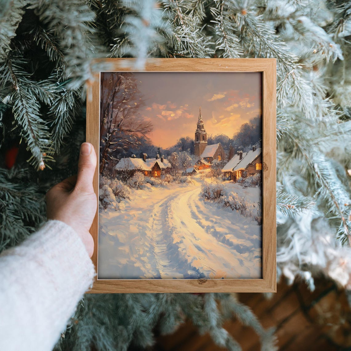 Snowy Village at Sunset with Church Steeple and Cottages Poster - Image 6