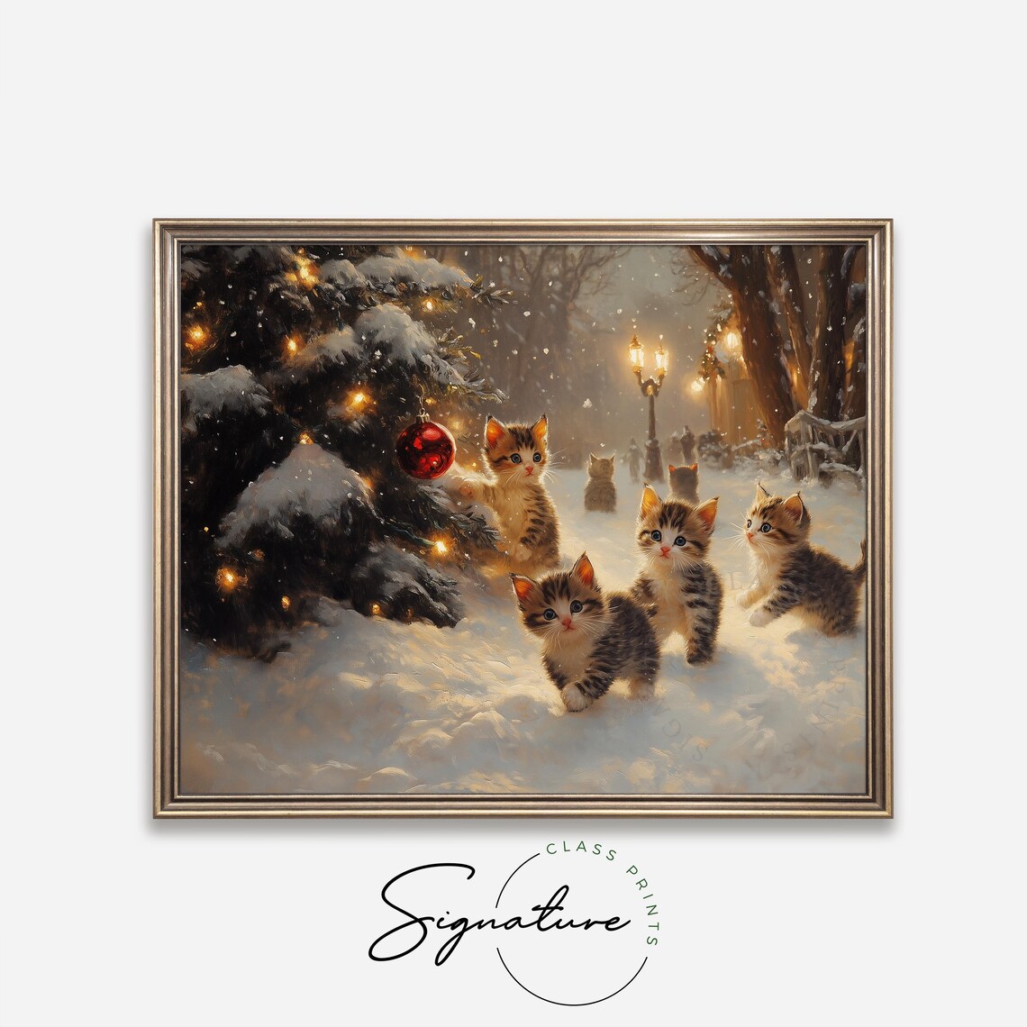 Playful Kittens in a Snowy Forest With Christmas Lights Night Poster - Image 4