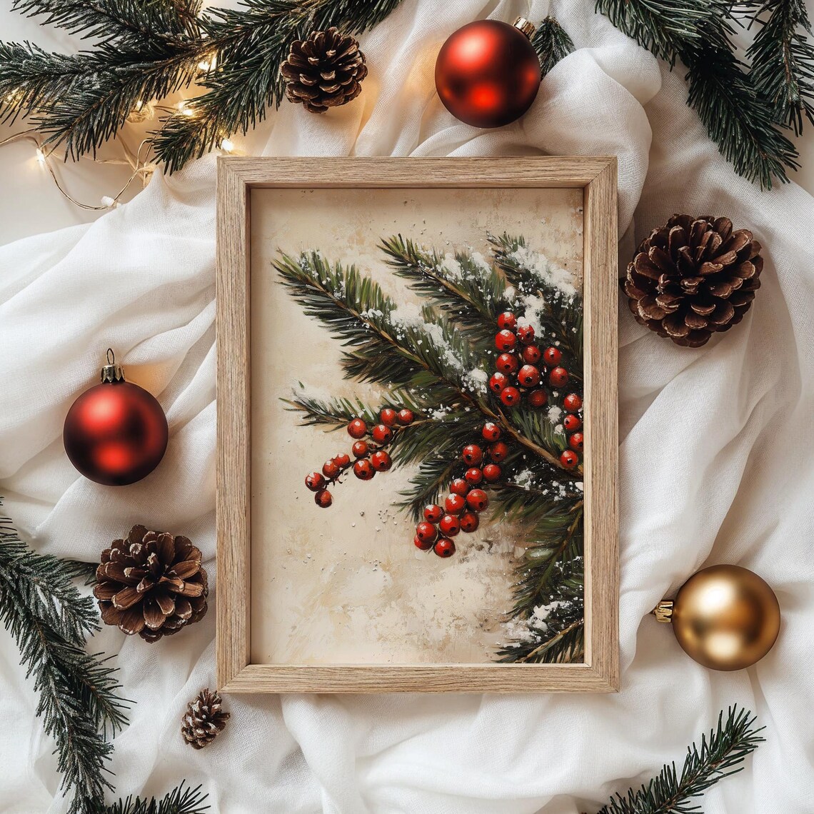 Snowy Fir Branch with Red Winter Berries Vintage Botanical Poster - Image 4