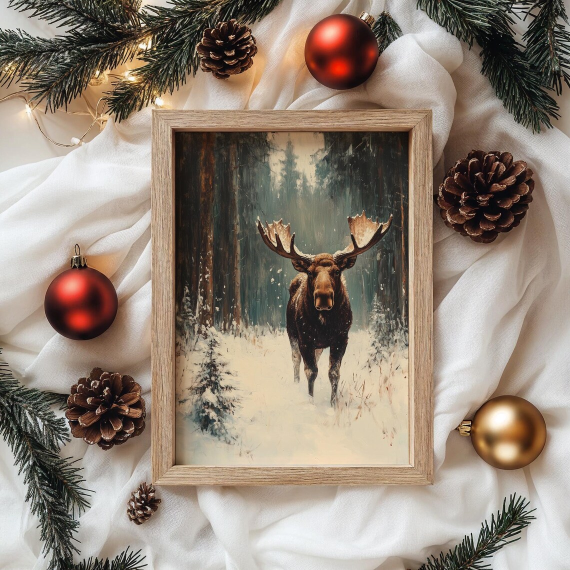 Majestic Moose in Snowy Forest Winter Wildlife Oil Painting Print - Image 4