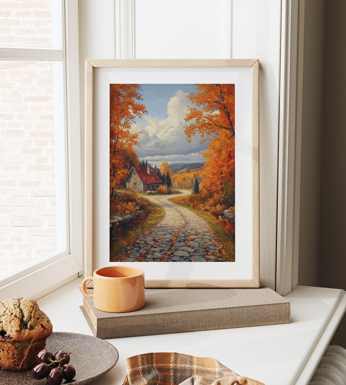 Stone Cottage on Cobblestone Lane Amid Glowing Autumn Woodland Wall Art - Image 6