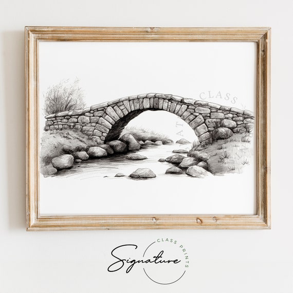 Old Stone Bridge Over A Creek Sketch Rustic Landscape Drawing Detailed Pencil Art Nature Inspired Wall Decor For Living Room 872