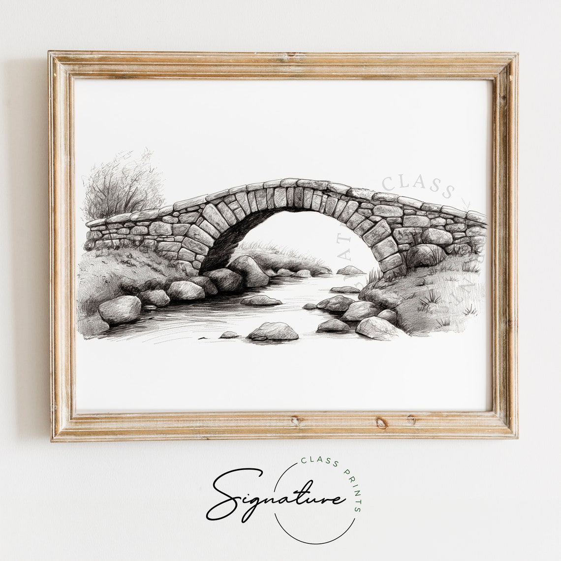 Old Stone Arch Bridge Over Stream Pencil Sketch Landscape Poster