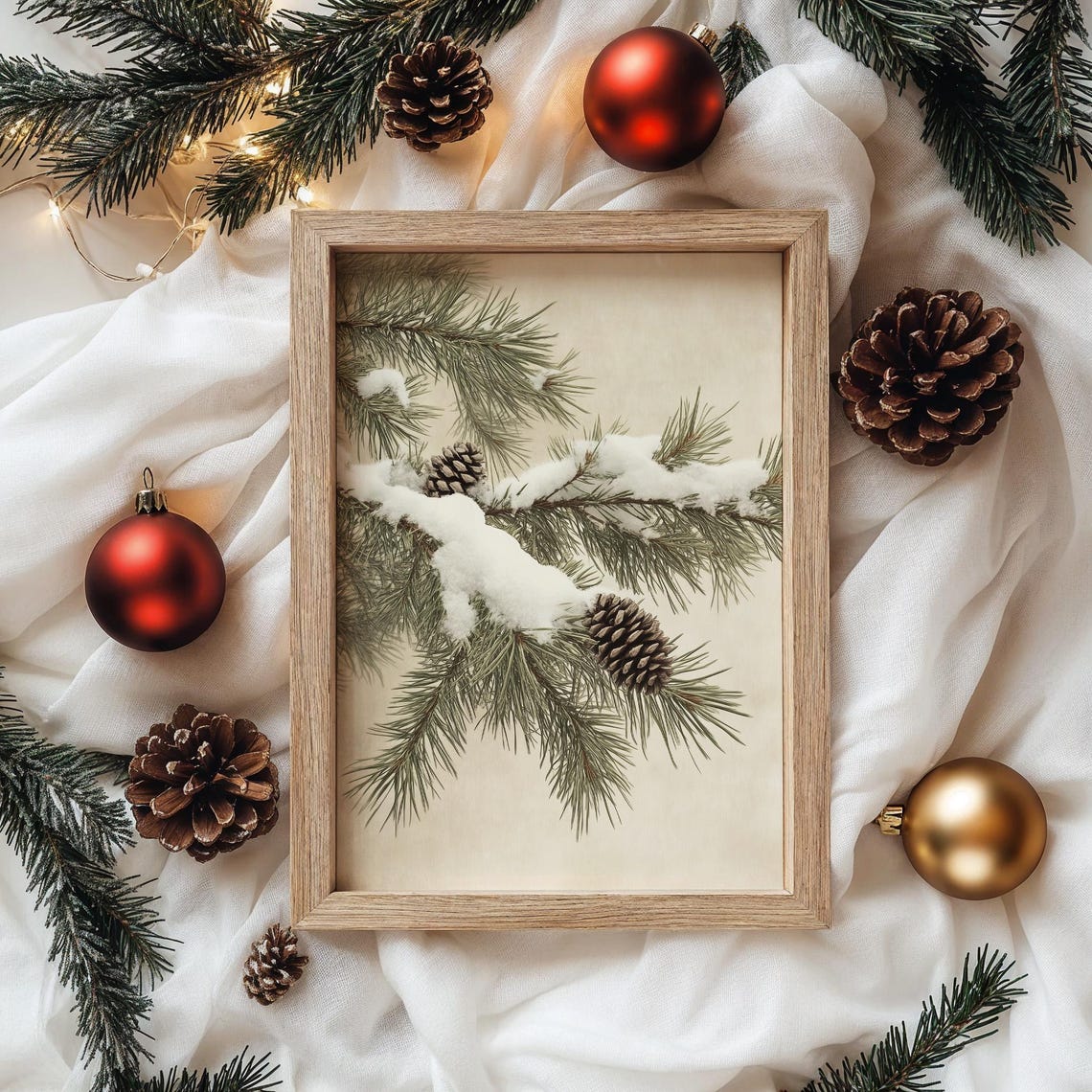 Snow Covered Pine Branch With Pinecones Winter Botanical Art Poster - Image 4