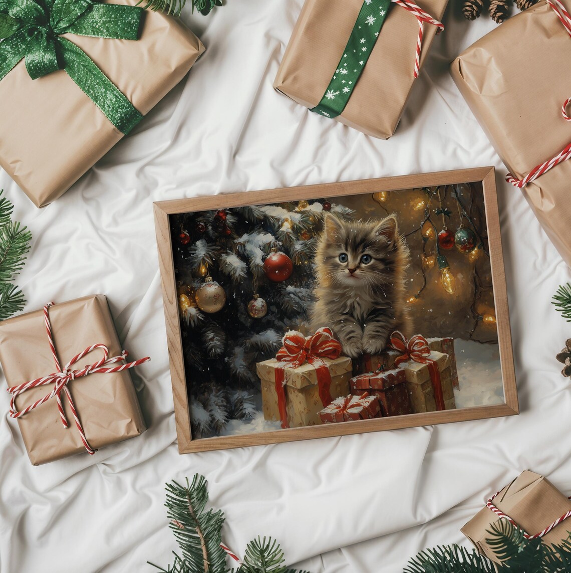 Fluffy Gray Kitten Among Wrapped Gifts with Red Bows at Night Poster - Image 2