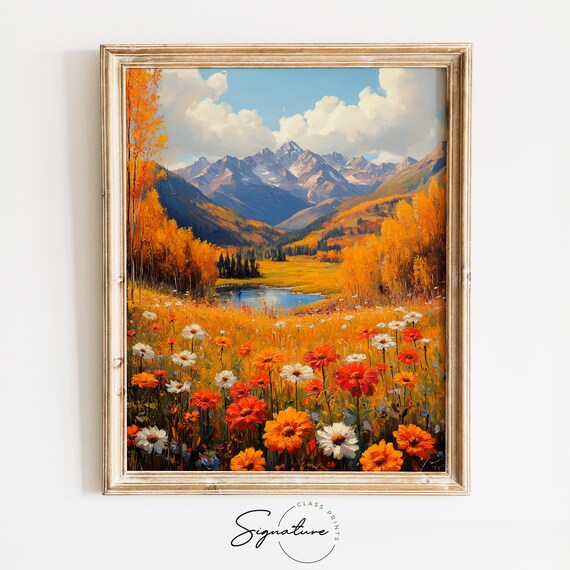 Wildflower Meadow Alpine Lake Snowy Peaks Landscape Painting Print