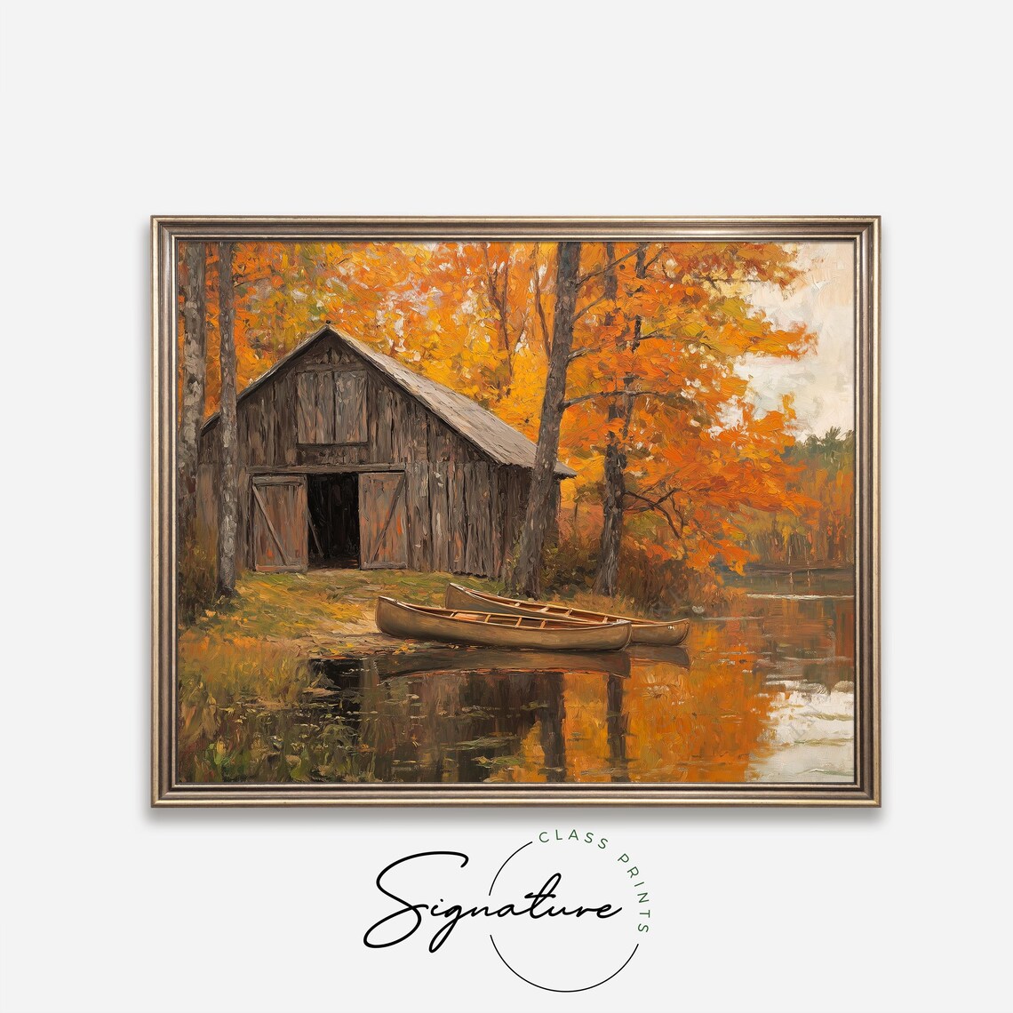 Weathered Barn Beside a Lake With Two Canoes in Peak Fall Colors Poster - Image 4