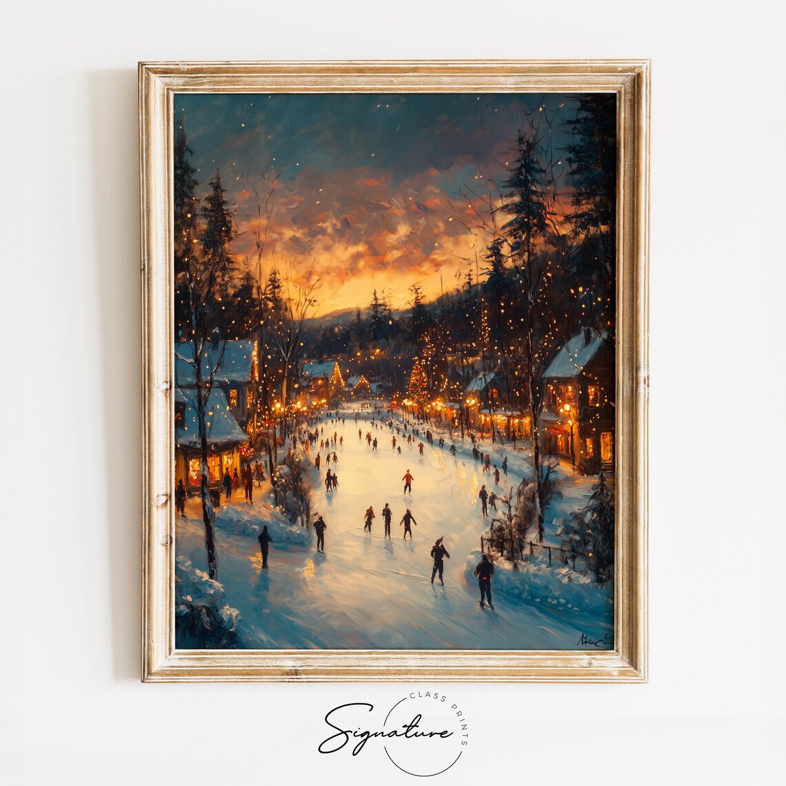 Ice Skaters on Frozen Pond in Lit Village at Winter Dusk Poster