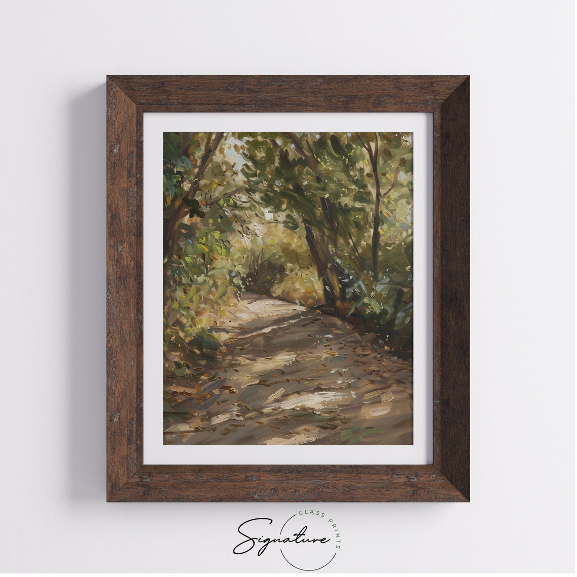 Sunlit Woodland Path with Dappled Light Through Green Trees Poster - Image 4