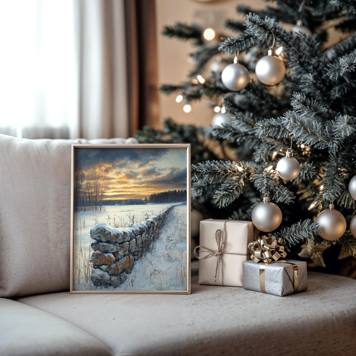 Snowy Stone Wall In A Frosty Field Under Golden Clouds Oil Painting Poster - Image 5
