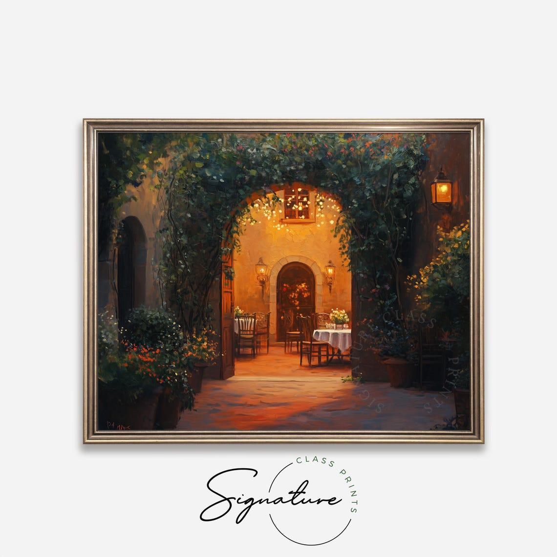 Romantic Courtyard Dinner Under String Lights At Dusk Wall Art - Image 4