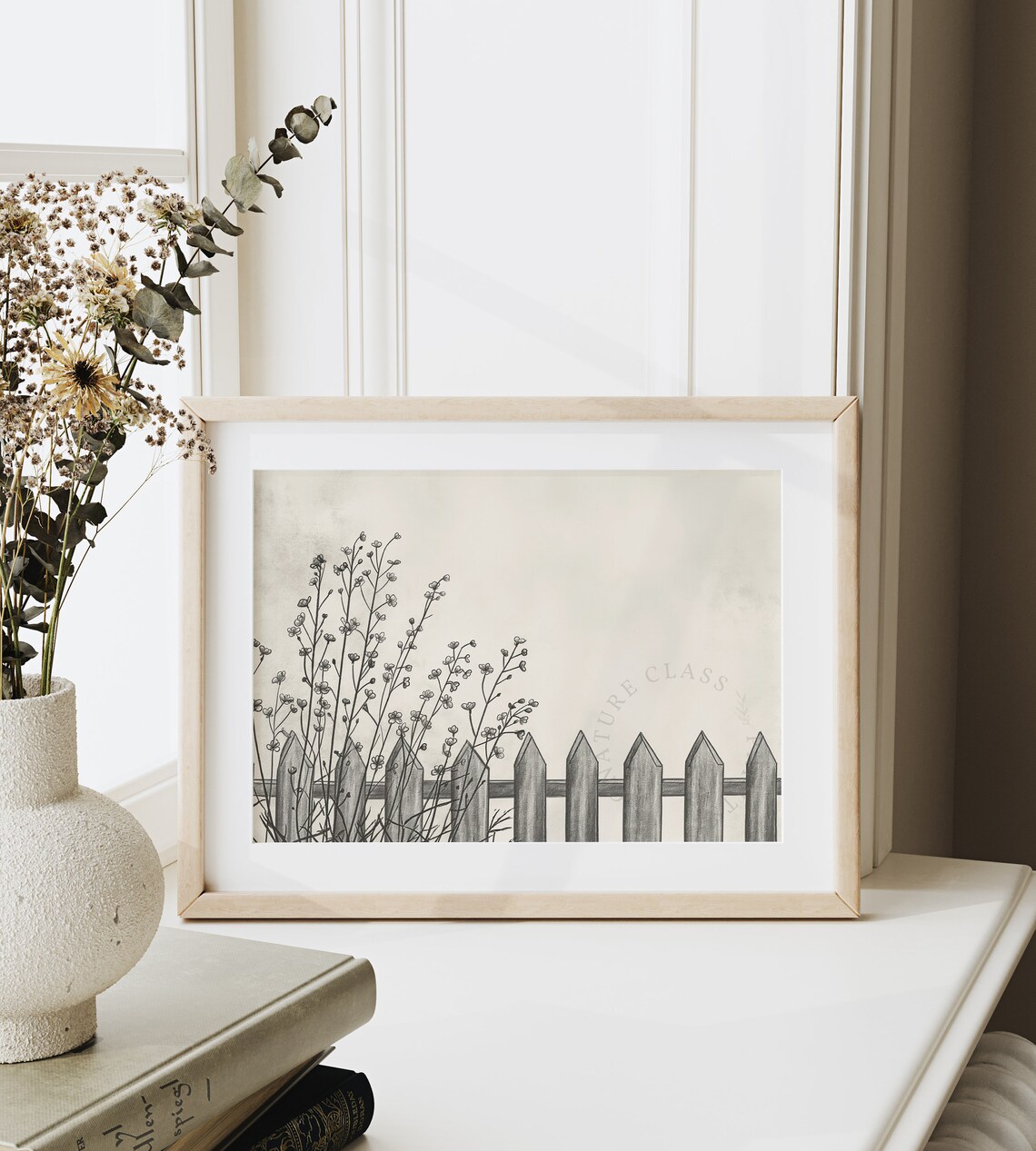 Picket Fence with Wildflowers and Grasses Pencil Sketch Poster - Image 6