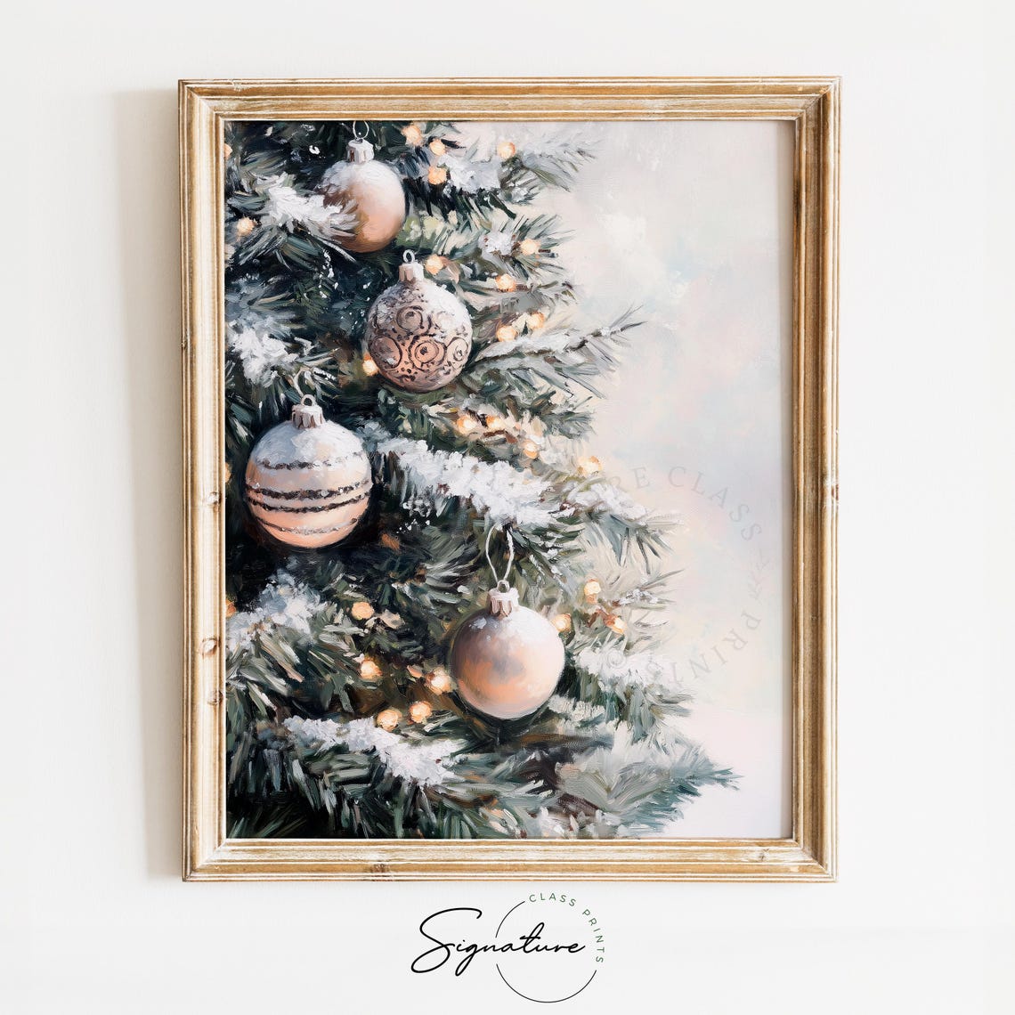 Blush Ornaments On Snowy Christmas Tree Branches Close Up Poster