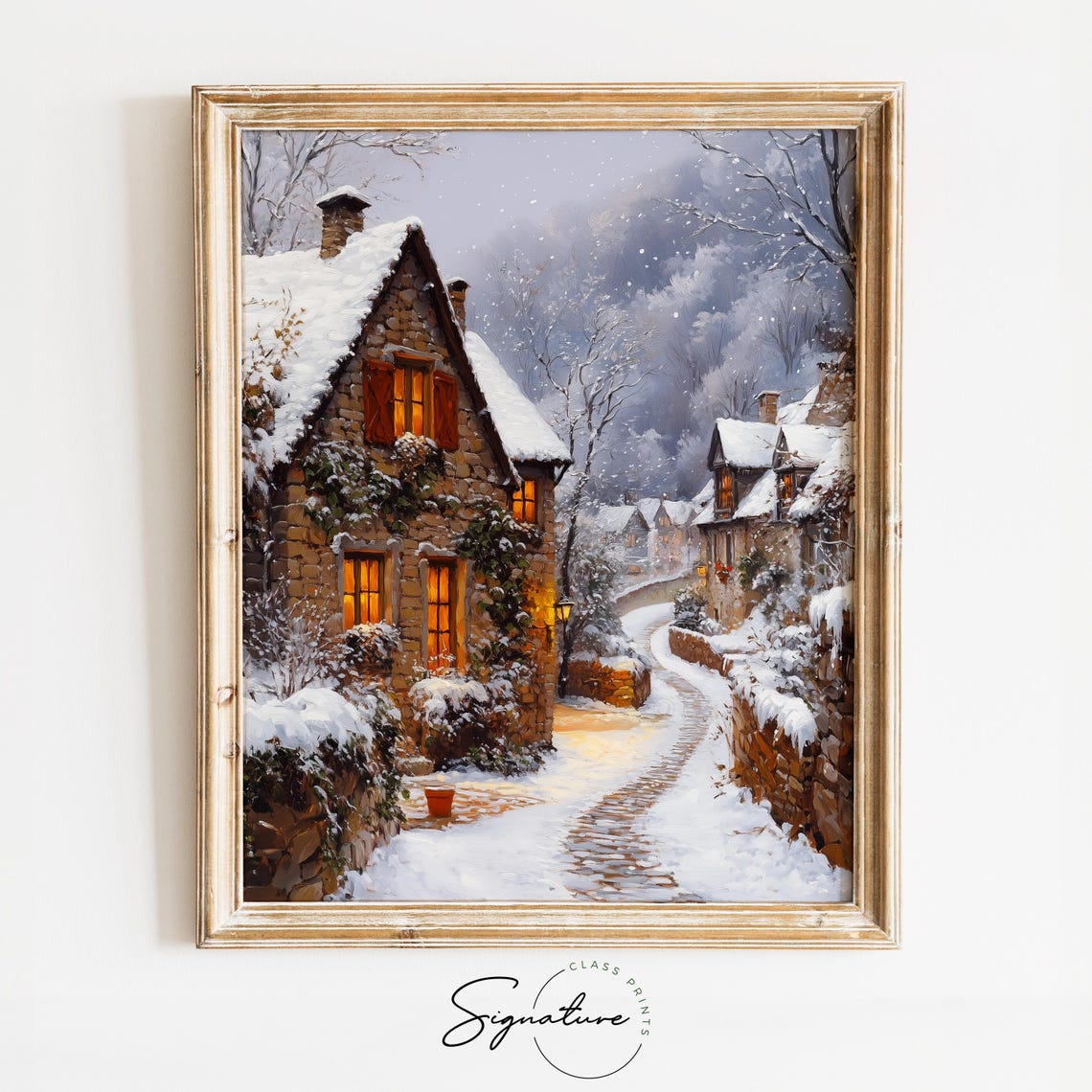 Ivy Covered Stone Cottage on Snowy Cobblestone Village Lane Poster