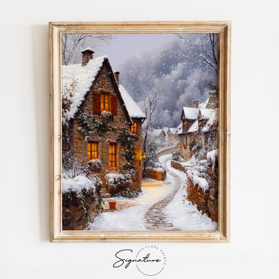 Snowy Cobblestone Lane With Ivy Draped Walls Moody Winter Village Painting Rustic Christmas Wall Art Holiday Cottage Print 2396