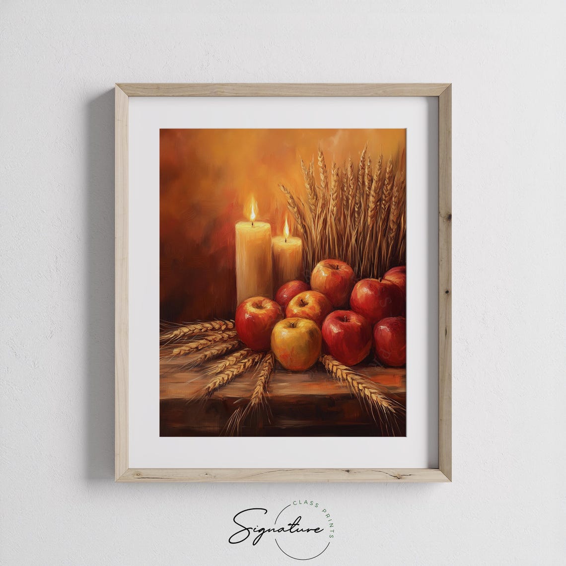 Harvest Still Life with Glossy Red Apples Wheat and Lit Candles Poster - Image 3