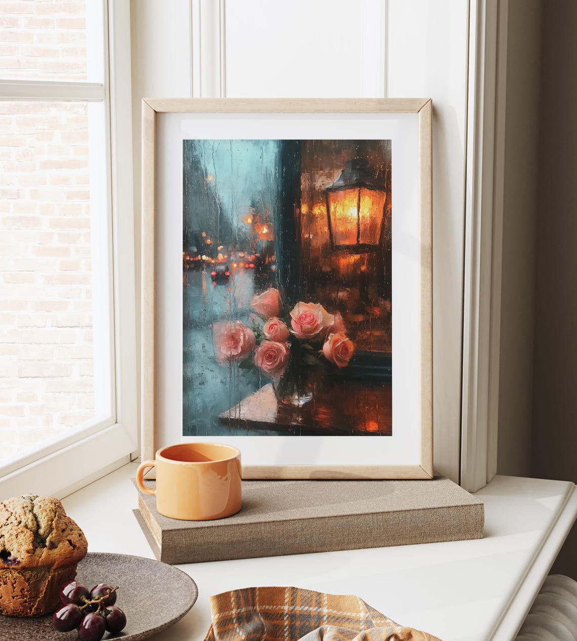 Rainy Night Coffee Shop Window Pink Roses Lantern Glow Wall Art - Image 4