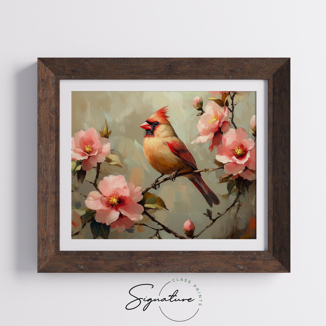 Cardinal With Warm Red Tones Among Pink Camellia Blooms Poster - Image 3