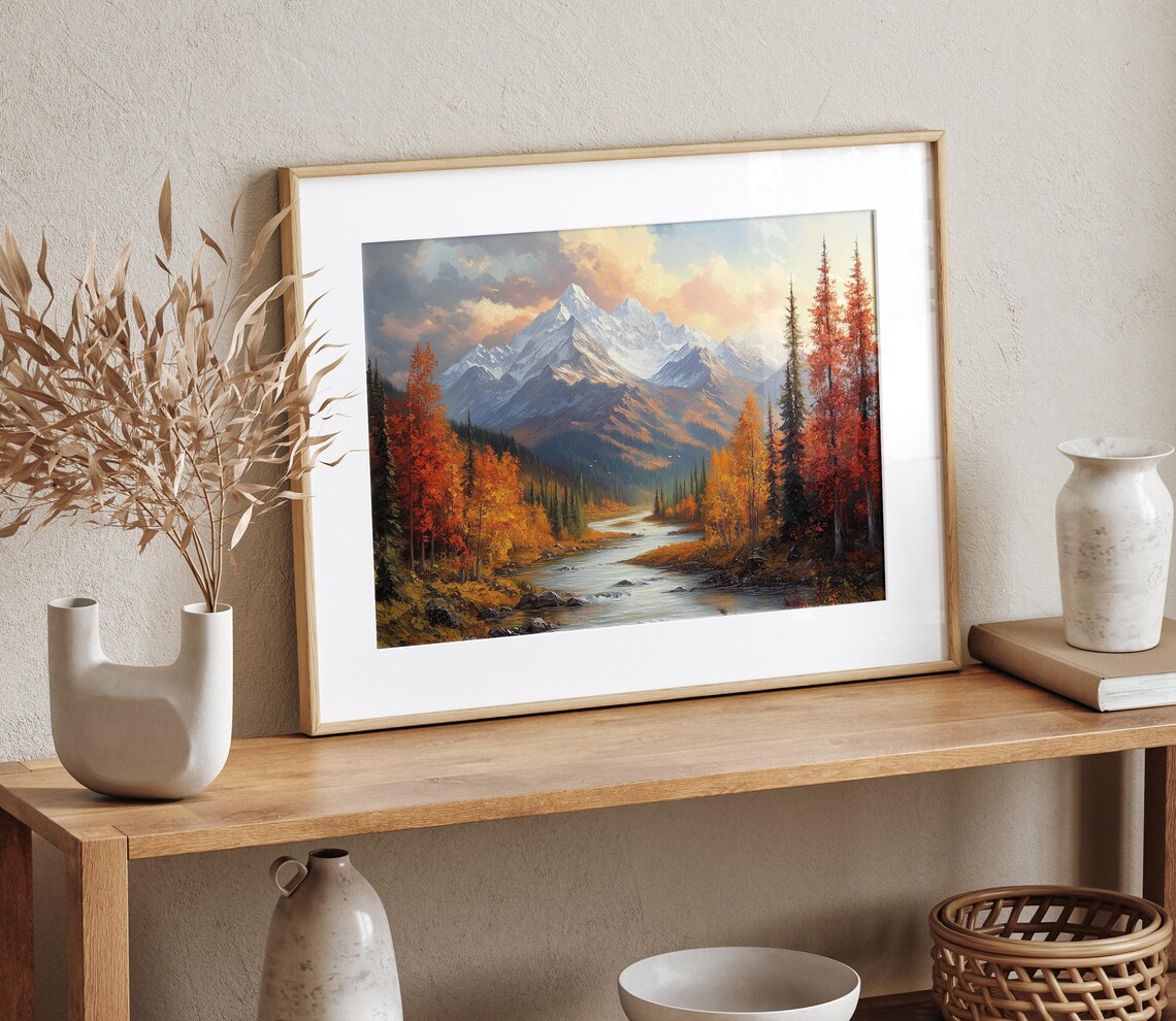 Autumn Mountain River Valley Snow Peaks Oil Painting Landscape Poster - Image 4
