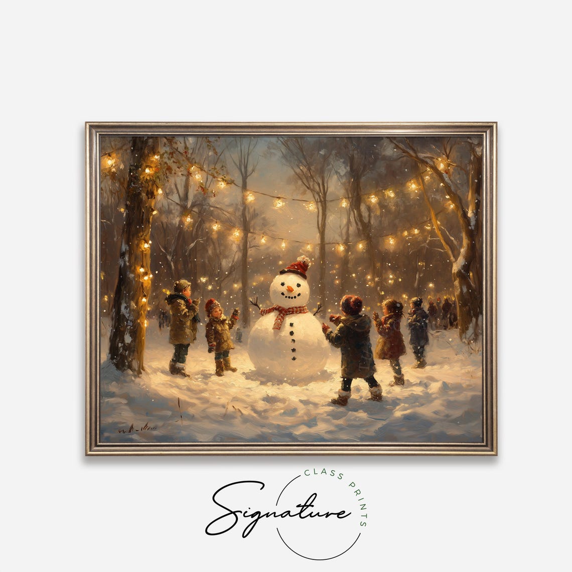 Children Building Snowman Under String Lights Snowy Night Poster - Image 4