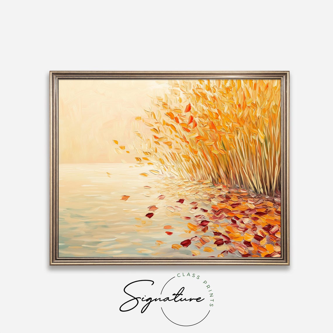 Minimalist Golden Reeds And Falling Leaves Soft Autumn Lakeside Poster - Image 4
